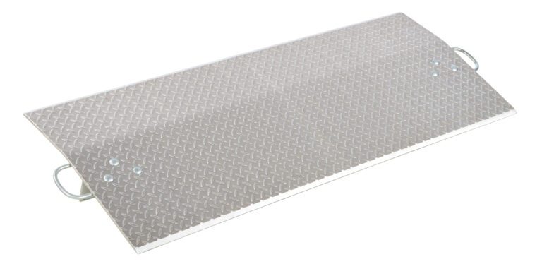 E-6024_A.jpg The Vestil Aluminum Econo Dockplate 3/8 5.7K 60X24 has a rectangular, inclined design with a diamond plate pattern and side handles for easy transport. Its textured surface provides reliable grip and accessibility for wheeled items.