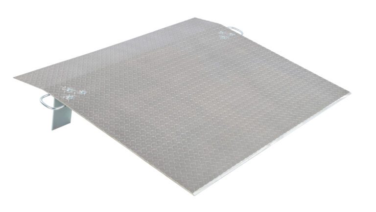 The Vestil Aluminum Econo Dockplate 3/8 2.9K 60X48 offers a textured surface with a diamond plate pattern for extra traction, includes side handles for easy mobility, and is designed for practicality and durability.