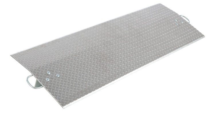The Vestil Aluminum Econo Dockplate 3/8 6.5K 72X24 includes a diamond plate ramp with a textured surface and dual metal handles for easy handling. Its visible pattern boosts traction, perfect for loading or accessibility needs.