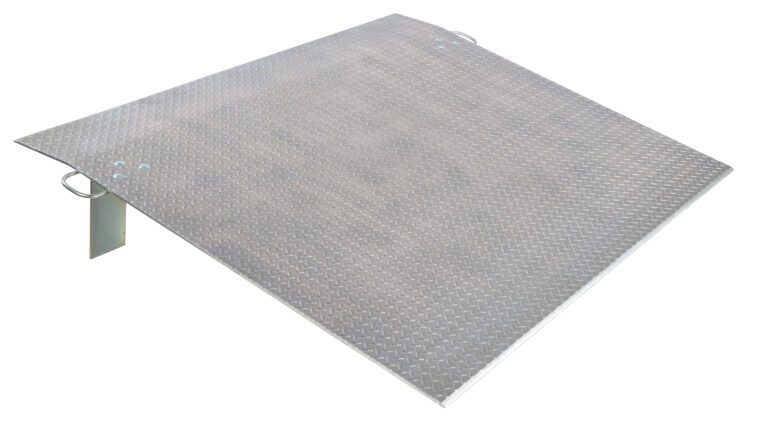 The Vestil Aluminum Econo Dockplate 3/8 2.5K 72X60 has a diamond pattern surface, dual handles, and angled support legs, making loading and unloading effortless. It is showcased against a white background.