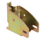 An ideal metallic, yellow-gold bracket for mounting or structural support with a curved design and holes. It mimics the Vestil Beam E-Socket Support For End Of Wood, boasting a smooth finish and small central protrusion.