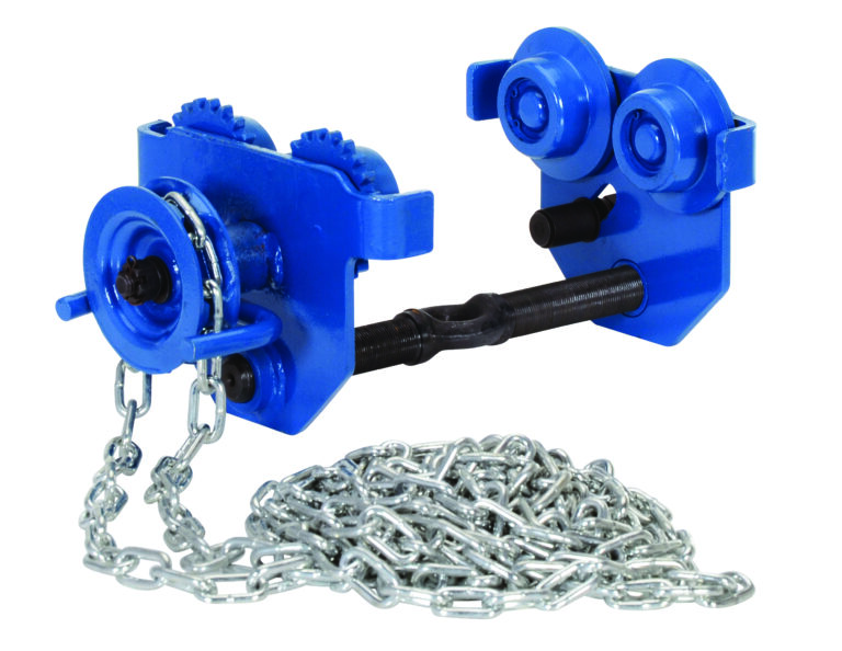 The Vestil Eye Manual Trolley Geared 1K Capacity is a blue industrial trolley with wheels and a chain for smooth beam sliding, featuring solid construction with a metal chain and connecting bar.