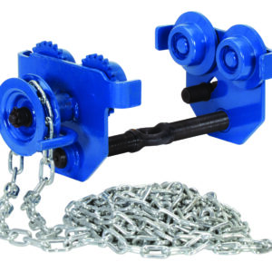 The Vestil Eye Manual Trolley Geared 1K Capacity is a blue industrial trolley with wheels and a chain for smooth beam sliding, featuring solid construction with a metal chain and connecting bar.