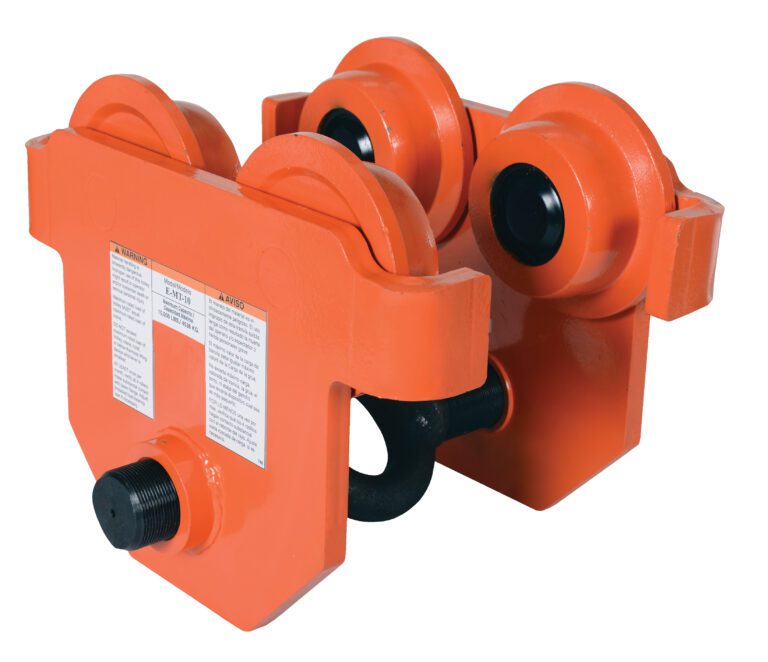 E-MT-10_A.jpg The Vestil Eye Manual Trolley Push 10K Capacity is a bright orange industrial trolley designed for heavy lifting. It features four wheels, bolts, and labels with specifications and safety information.