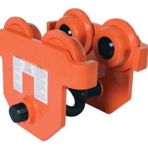 The Vestil Eye Manual Trolley Push 10K Capacity is a bright orange industrial trolley designed for heavy lifting. It features four wheels, bolts, and labels with specifications and safety information.
