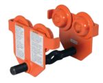 The Vestil Eye Manual Trolley Push 1K Capacity model features an orange industrial design, dual wheels, bilingual warning labels, a threaded rod for easy adjustment, and metal components suitable for beam or rail systems.