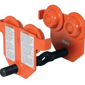 The Vestil Eye Manual Trolley Push 1K Capacity model features an orange industrial design, dual wheels, bilingual warning labels, a threaded rod for easy adjustment, and metal components suitable for beam or rail systems.