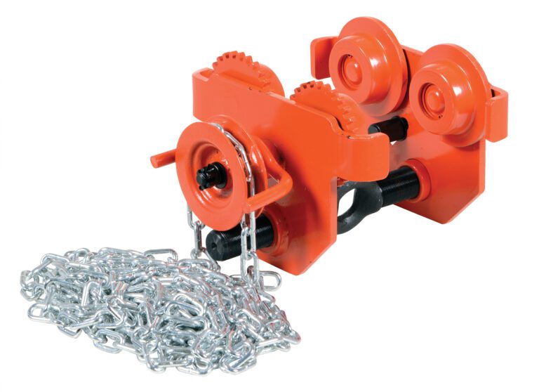 E-MT-2-C_A.jpg The Vestil Eye Manual Trolley Geared 2K Capacity, in orange, features wheels, coiled chains for practicality, hooks, and visible gears. Its designed for industrial tasks like lifting heavy equipment within overhead systems.