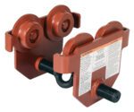 The Vestil Eye Manual Trolley Push 2K Capacity features a durable red design with two pairs of wheels and a central screw adjustment, labeled safety warnings in English and Spanish, and is engineered for load-bearing and overhead rail attachment.