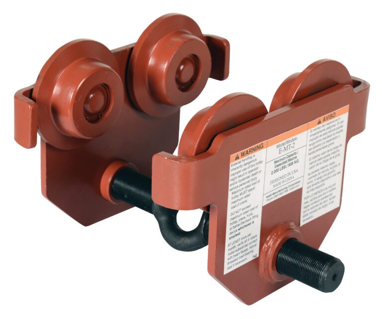 The Vestil Eye Manual Trolley Push 2K Capacity features a durable red design with two pairs of wheels and a central screw adjustment, labeled safety warnings in English and Spanish, and is engineered for load-bearing and overhead rail attachment.