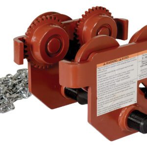 The Vestil Eye Manual Trolley, featuring a red industrial pulley system with robust gears and a side chain, includes a warning label on one side. Its designed for heavy lifting with a geared 4K capacity for efficient load management.