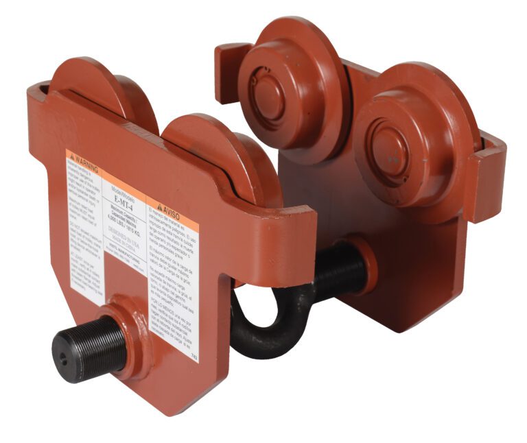 E-MT-4_A.jpg The Vestil Eye Manual Trolley Push, in red, features a 4K capacity with twin wheel pairs and safety labels. Its equipped with a threaded bolt for secure attachment and glides easily along beams, ideal for lifting tasks.