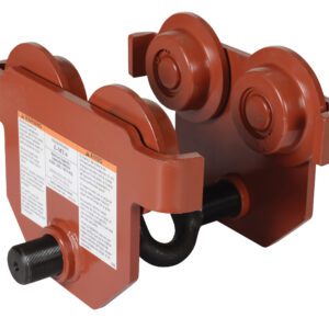 The Vestil Eye Manual Trolley Push, in red, features a 4K capacity with twin wheel pairs and safety labels. Its equipped with a threaded bolt for secure attachment and glides easily along beams, ideal for lifting tasks.