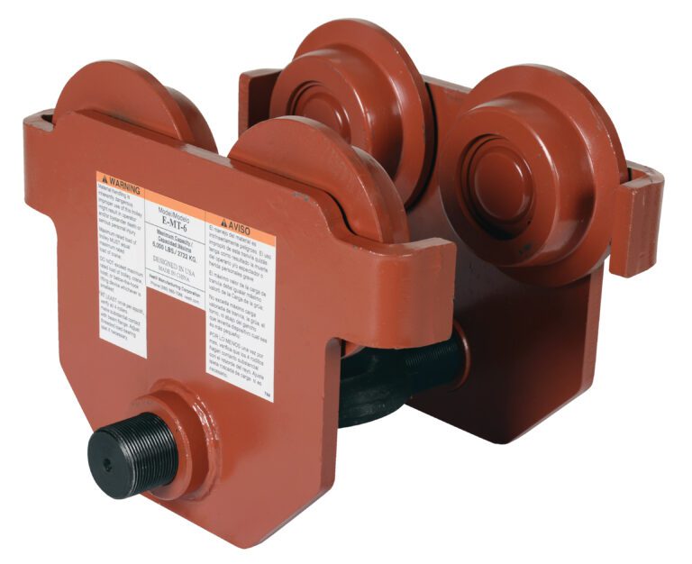E-MT-6_A.jpg Meet the Vestil Eye Manual Trolley Push, designed for industrial use with a 6K capacity. It features four red wheels, a durable metal frame, warning labels, and threaded connectors for easy installation on overhead beams or rail systems in demanding settings.