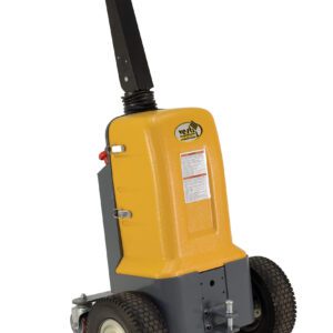 The Vestil Electric Powered Tugger, in yellow and gray, features a control panel on its handle, two large rear wheels, a smaller front wheel, and visible side labeling. It offers an impressive 2K pull capacity.