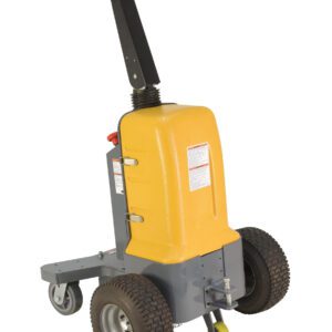 The Vestil Electric Powered Tugger 3K Pull Capacity, in yellow and gray, has two large rubber wheels and a smaller one. It features a long black handle with a control panel at the top, designed for moving heavy loads effortlessly.