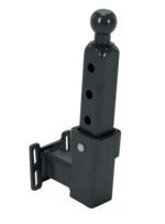 The Vestil Tugger Adjustable Ball Mount Hitch, designed for durability and reliability, is a gray metal hitch featuring three vertically aligned holes for height adjustments and a side bracket for secure mounting in various towing conditions.