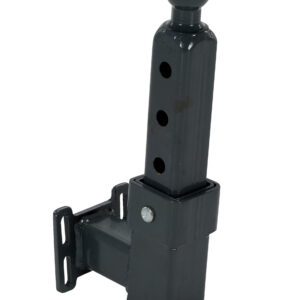 The Vestil Tugger Adjustable Ball Mount Hitch, designed for durability and reliability, is a gray metal hitch featuring three vertically aligned holes for height adjustments and a side bracket for secure mounting in various towing conditions.