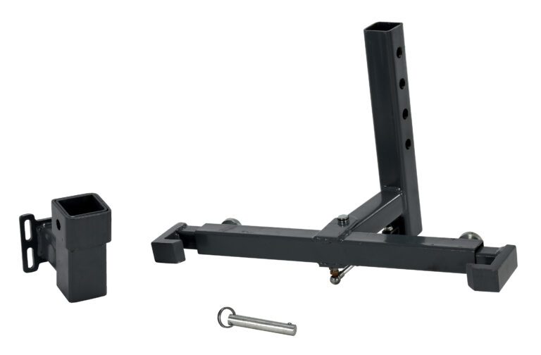 E-TUG-ADSH_A.jpg Displayed is a black, metal hitch-mounted steel tire carrier with a pin. Similar to the versatile Vestil Tugger Option Adj Double Side Hook, it has an adjustable vertical post with multiple holes, a horizontal base with an attachment, and a small separate square piece equipped with a mount.