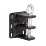 A square-based metal bracket, featuring multiple holes and two horizontal plates linked by vertical rods, resembles the Vestil Double Pin Hitch design. The top rod ends in an eyelet for secure attachment.