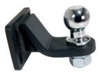The Vestil Single Ball Hitch, 4 Length, features a chrome ball and matte black base with an adjustable length. Its angled base has bolt holes for easy attachment, combining functionality with sleek design.