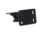 A wall bracket, akin to the Vestil Self Locking Hitch, features a black finish with a rectangular base and four mounting holes. The brackets hinge mechanism allows for adjustable positioning, offering sturdy support for mounted items.