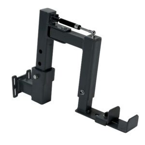 A black, L-shaped mechanical bracket with adjustable components and screw holes, designed for mounting or supporting equipment. With the Vestil Tugger Spring Loaded Manual Channel Lift feature, it includes a hydraulic or pneumatic arm on top for enhanced functionality.