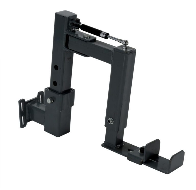 A black, L-shaped mechanical bracket with adjustable components and screw holes, designed for mounting or supporting equipment. With the Vestil Tugger Spring Loaded Manual Channel Lift feature, it includes a hydraulic or pneumatic arm on top for enhanced functionality.