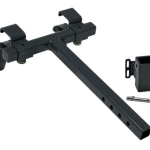 A black metal hitch bicycle rack, with adjustable hooks and mounting bracket reminiscent of the Vestil Tugger Multi Movers durability, includes a removable hitch insert and pin for secure attachment, all showcased elegantly on a white background.