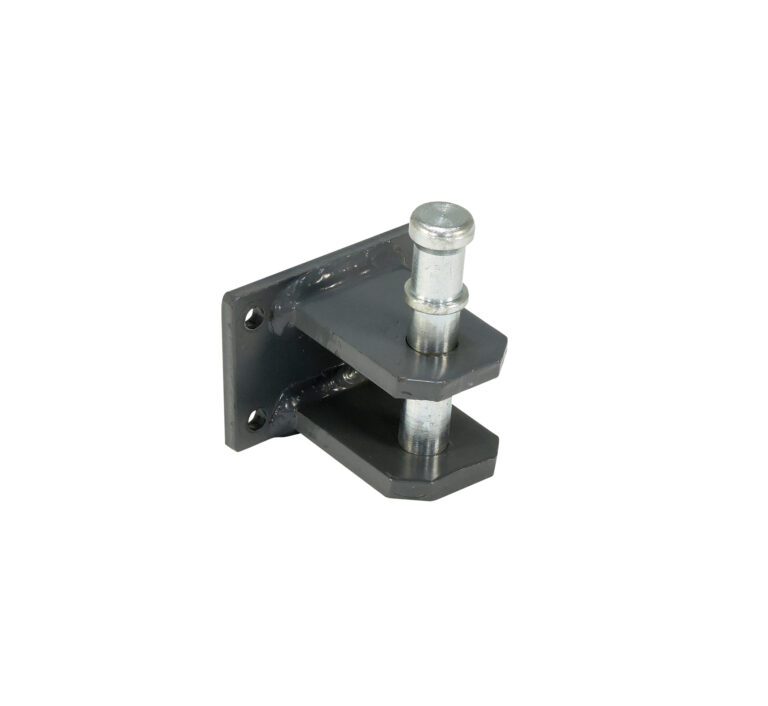 The Vestil Tugger Pin Hitch Additional features a rectangular base with a horizontal section and cylindrical pin, designed for mounting or joining needs, and has a dark finish.