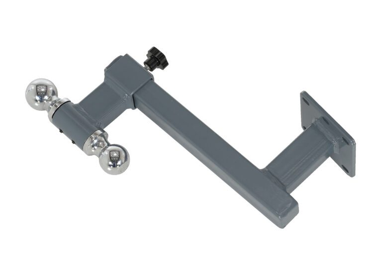 The Vestil Tugger Single Adjustable Ball Hitch has a gray metal design with two chrome balls of different sizes, an adjustable mechanism, and a flat mounting plate for versatile towing.