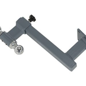 The Vestil Tugger Single Adjustable Ball Hitch has a gray metal design with two chrome balls of different sizes, an adjustable mechanism, and a flat mounting plate for versatile towing.