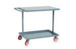The Little Giant Easy-Access Shelf Truck is a gray metal utility cart with two shelves, a side handle, and four red and white caster wheels for easy mobility. Its straightforward design is ideal for efficiently transporting items.