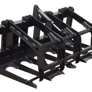 The image features a black hydraulic grapple attachment with interlocking teeth and a solid frame, resembling the 66 Vestil Skid Steer Grab Bucket, perfect for handling logs and debris.