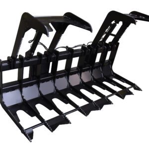 The Vestil Skid Steer Grab Bucket, 84 wide, is a black grapple attachment with multiple tines and hydraulic arms. It features two upper jaws and a glossy metal surface, ideal for securely gripping logs or debris in demanding tasks.