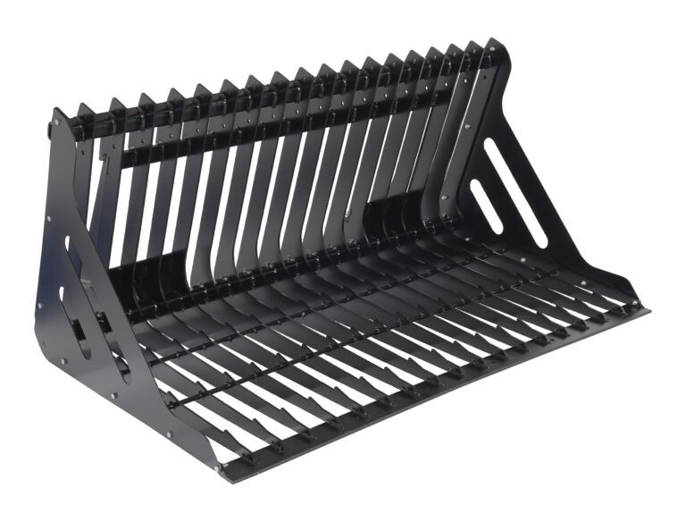 EA-SKRG-60-LP_A.jpg The Vestil Skid Steer Rock Grader is a low-profile, 60 wide black metal rock bucket attachment with parallel tines and robust frame, ideal for heavy-duty construction or agricultural tasks, featuring slotted side panels for enhanced support and durability.