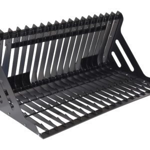 The Vestil Skid Steer Rock Grader is a low-profile, 60 wide black metal rock bucket attachment with parallel tines and robust frame, ideal for heavy-duty construction or agricultural tasks, featuring slotted side panels for enhanced support and durability.