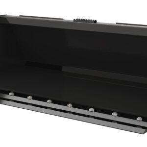 The Vestil Skid Steer Bucket HD Low Profile 60 In, weighing 535#, is a black heavy-duty loader bucket with a smooth interior and multiple bolts on the lower edge. Its angular design ensures easy machine attachment for efficient scooping and material transport.