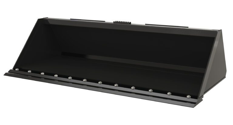 Image of the Vestil Skid Steer Bucket Hd Low Profile 72 In, 625#, showcasing a robust black metal container with a flat base and slanted sides for industrial use; reinforced front edge with bolts ensures durability and secure attachment.