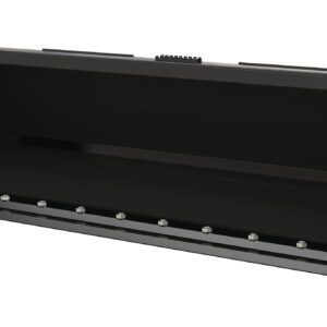 Image of the Vestil Skid Steer Bucket Hd Low Profile 72 In, 625#, showcasing a robust black metal container with a flat base and slanted sides for industrial use; reinforced front edge with bolts ensures durability and secure attachment.