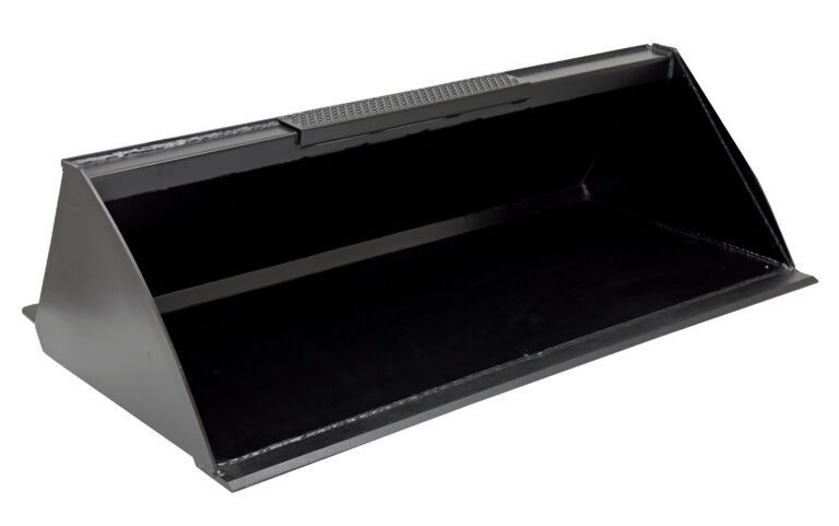 EA-SKSB-76-LP_A.jpg Image of the Vestil Skid Steer Bucket Low Profile 76 In: a black metal tractor attachment. Its rectangular design features a wide opening and solid back, ideal for heavy-duty tasks such as digging or moving materials efficiently.