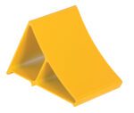 The Vestil Yellow Aluminum Wheel Chock 7X 11.75 X 8 features a triangular design with ribbed surfaces to prevent vehicle movement. Its lightweight, hollow, and set against a white background for visibility.