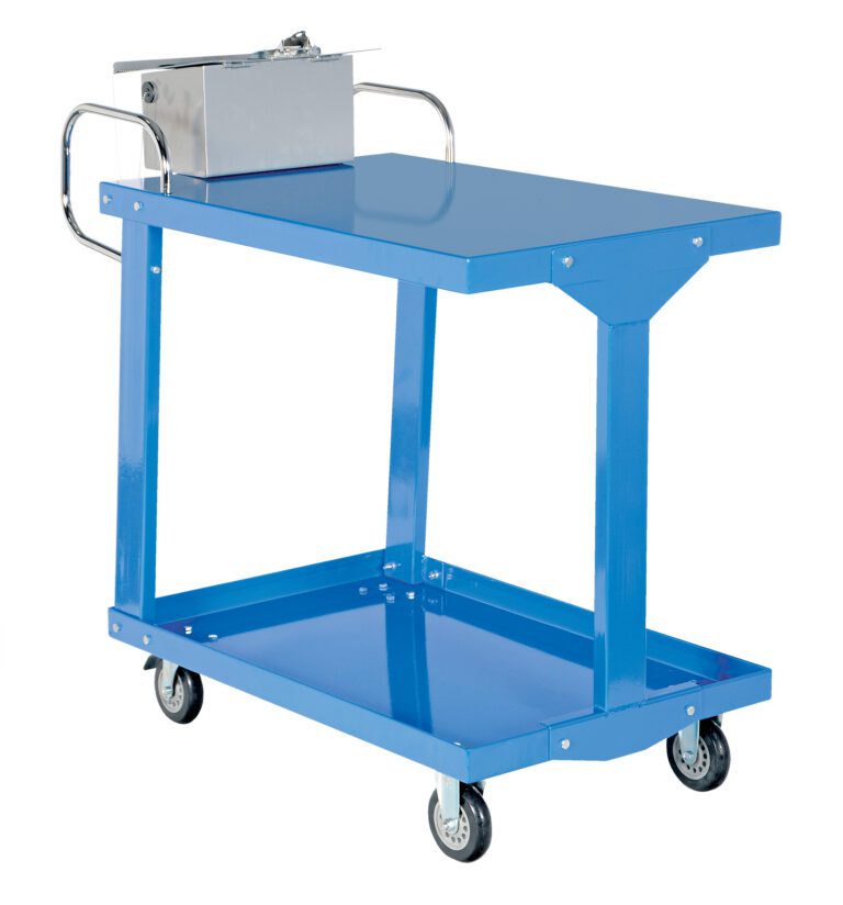 Introducing the Vestil Easy Access Stock Truck W/Table 24 X 36, a blue metal utility cart with two shelves and four swivel casters. It features a 24 x 36 rectangular base and an attached box handle, ideal for effortless item transport or storage.