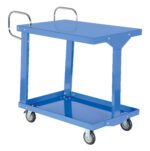 The blue Vestil Easy Access Steel Stock Truck 24 X 36 is a two-tiered cart with shiny side handles and four swivel casters for easy mobility, offering spacious rectangular top and bottom metal shelves for efficient item transport.