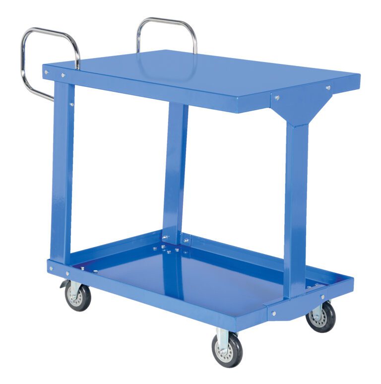 The blue Vestil Easy Access Steel Stock Truck 24 X 36 is a two-tiered cart with shiny side handles and four swivel casters for easy mobility, offering spacious rectangular top and bottom metal shelves for efficient item transport.
