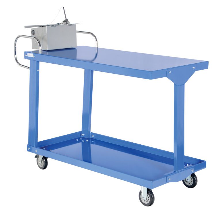 EASY-A-2448-WT_A.jpg The Vestil Easy Access Stock Truck W/Table 24 X 48 is a sturdy blue metal cart with two shelves and swivel caster wheels for smooth mobility. It includes a handle-equipped metal box for organized storage, set against a plain white backdrop.