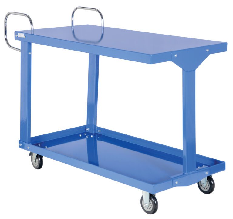 The blue Vestil Easy Access Steel Stock Truck (24 x 48) features a two-tier design with four caster wheels and chrome handles. It offers an open top shelf for carrying items and a bottom shelf for extra storage, making it perfect for effortless mobility and transport.