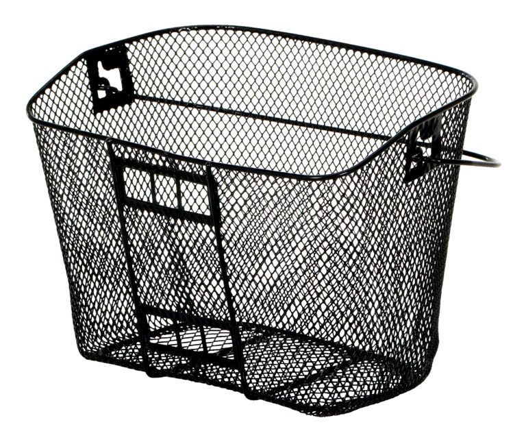 A black metal mesh bike basket, similar to the Vestil Easy Access Stock Truck-Storage Basket, has a rectangular shape with a slightly rounded top and small side hooks for easy attachment.