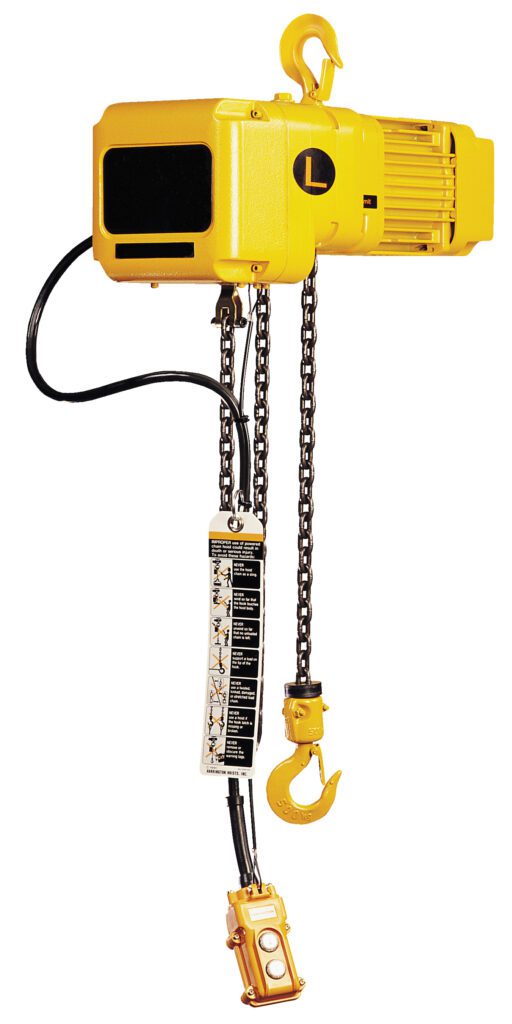 The Vestil Electric Chain Hoist 1000 Lb 1 Phase is vibrant yellow with a black control cable, remote control, and top/lower hooks for lifting. It also has a small black label on its side.