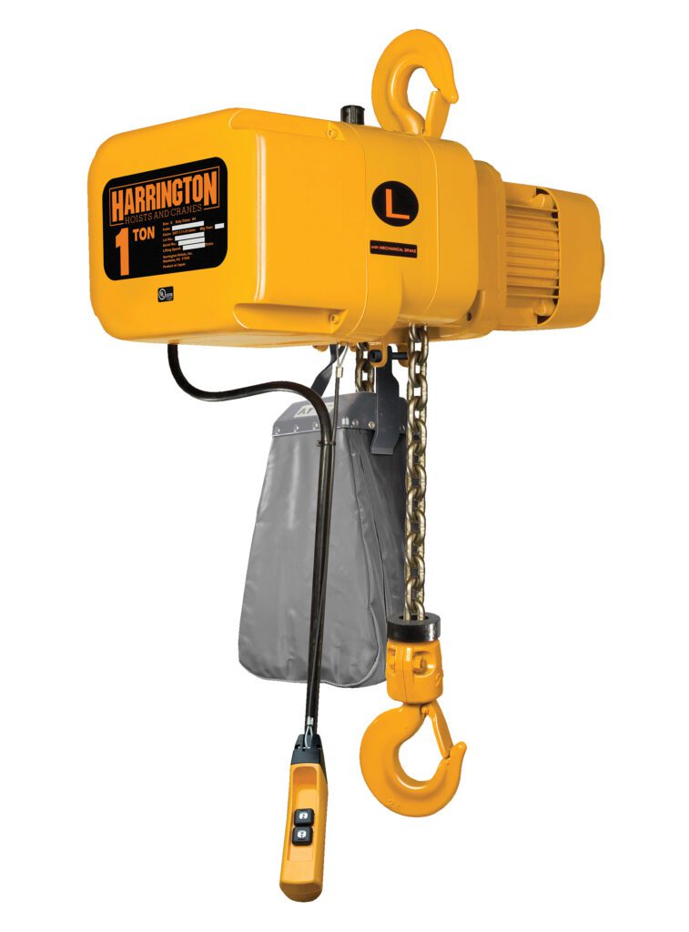 The yellow electric chain hoist, labeled Harrington, 1 Ton, features a black control switch and visible top and bottom hooks with a metal weight below. It offers efficiency and robust capability, similar to the Vestil Electric Chain Hoist 2000 Lb 3 Phase.